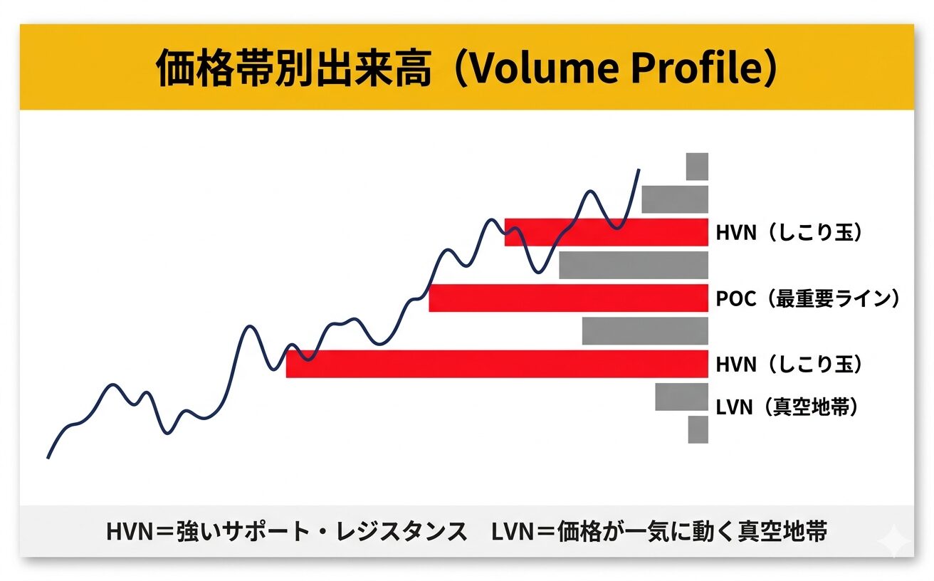 価格帯別出来高（Volume Profile）の解説図。HVN・POC・LVNの位置関係