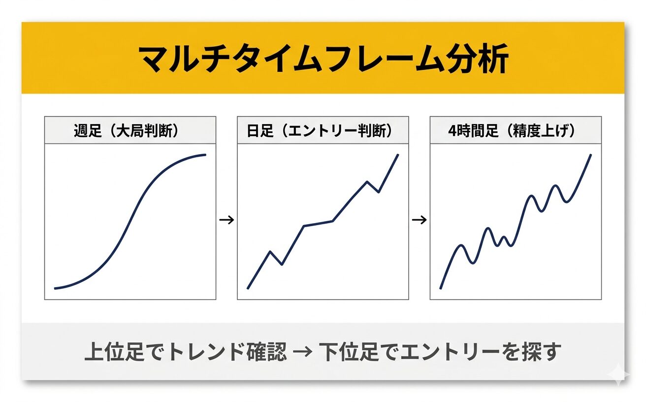 マルチタイムフレーム分析 週足・日足・4時間足のフロー図