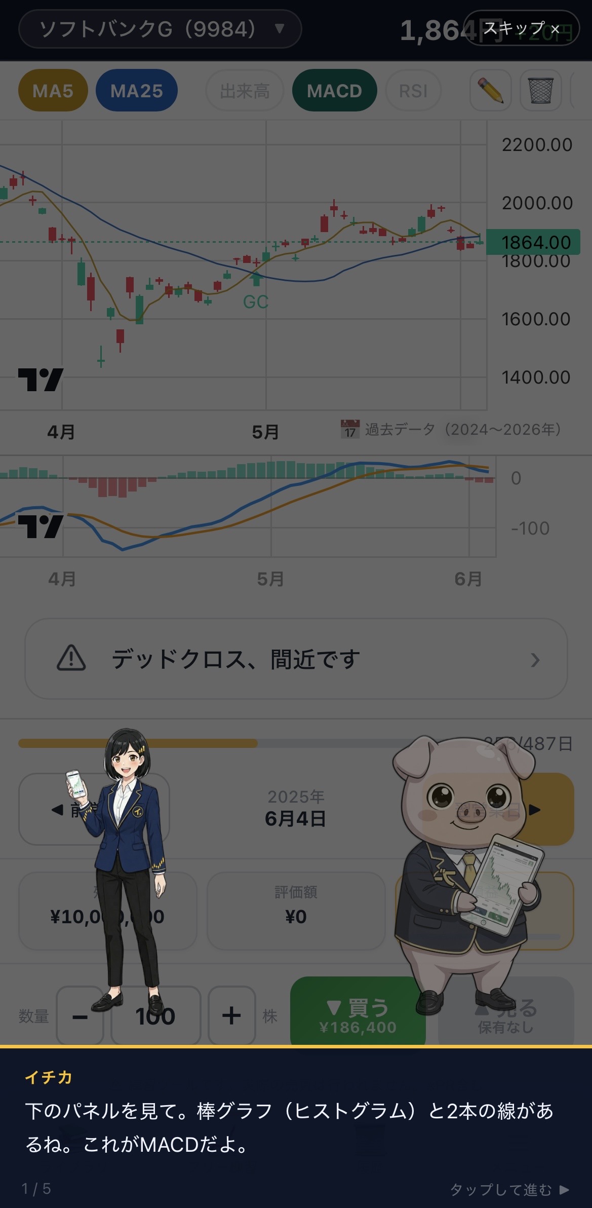 イチテク 指標ライブラリ - イチカとイチカ豚がMACDの見方を会話形式で解説している画面